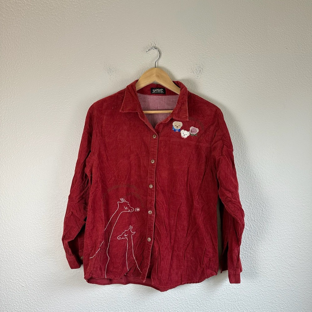 Vintage Wise Corduroy Button Down Women Small Red Embroidered Giraffe Teddy Bear